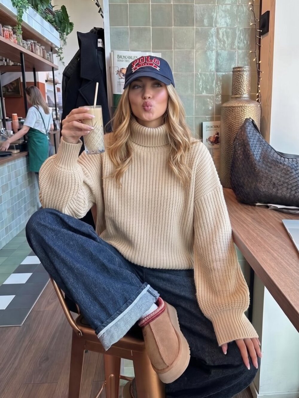 Women's Cream Ribbed Turtleneck Sweater Drop Shoulder Oversized Knit Top